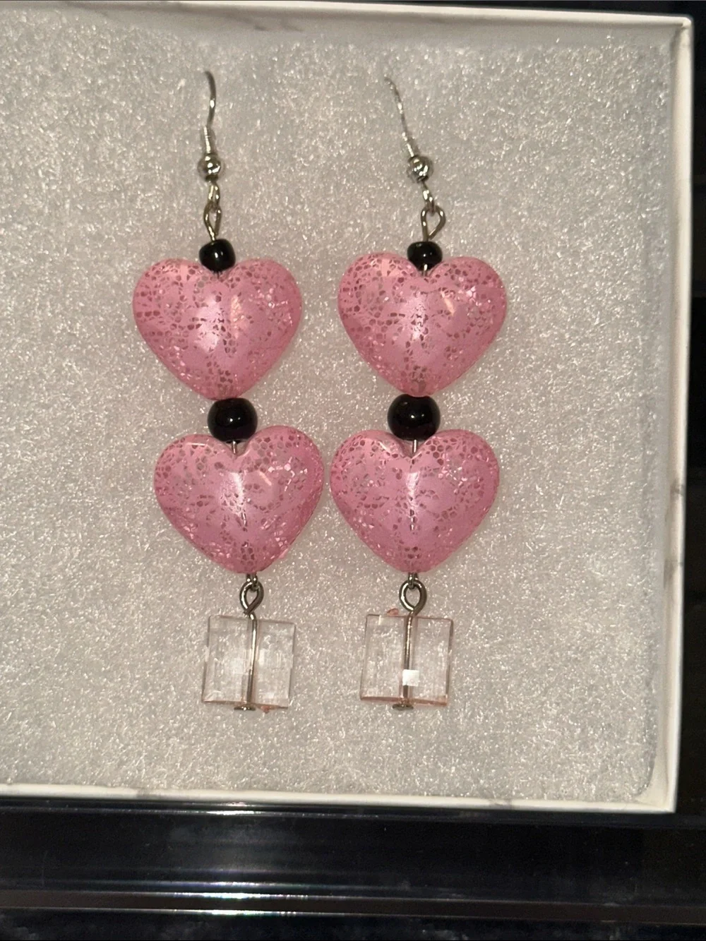 Handmade Pink Heart Dangle Earrings - Feminine Sparkle